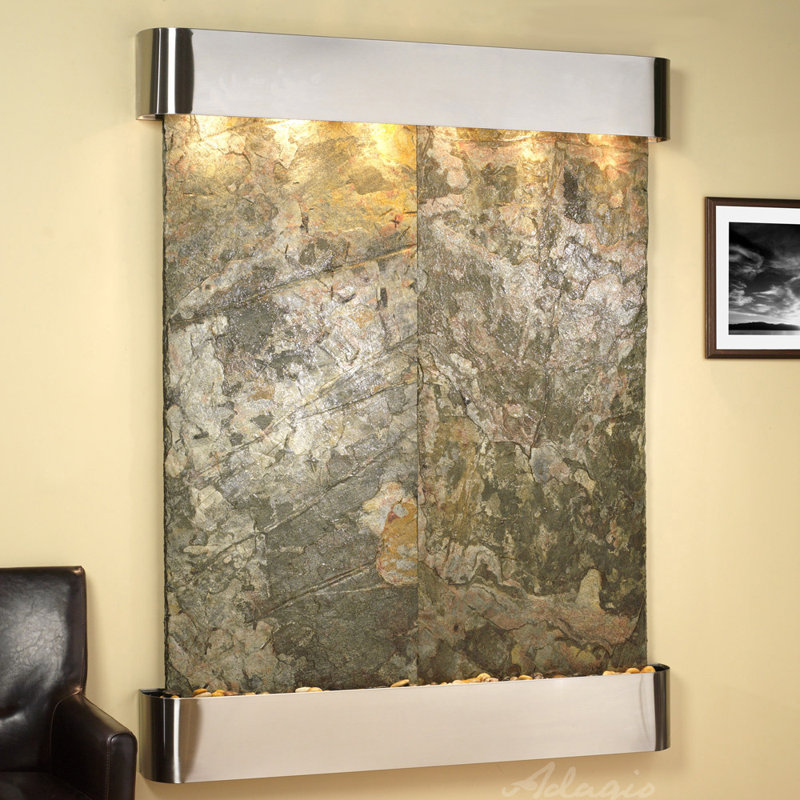 Majestic River Natural Stone Fountain with Light, Stainless Steel, Green Slate, Rounded