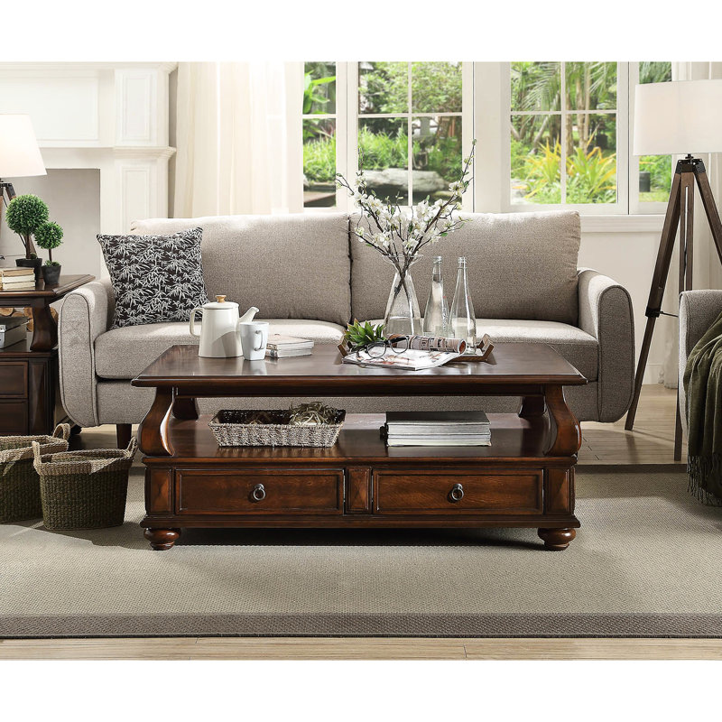 Table basse à 4 tiroirs en noyer avec 1 tablette, parfaite pour le rangement et la décoration de salon élégante