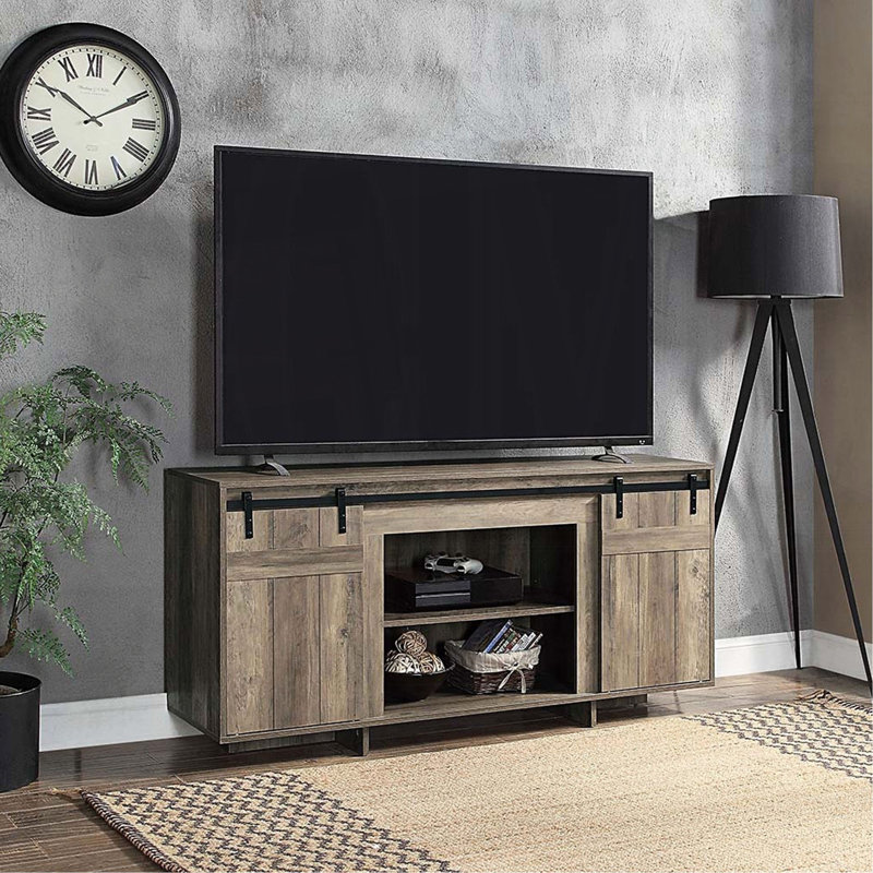 Grey Washed TV Stand With 2 Sliding Barn Doors