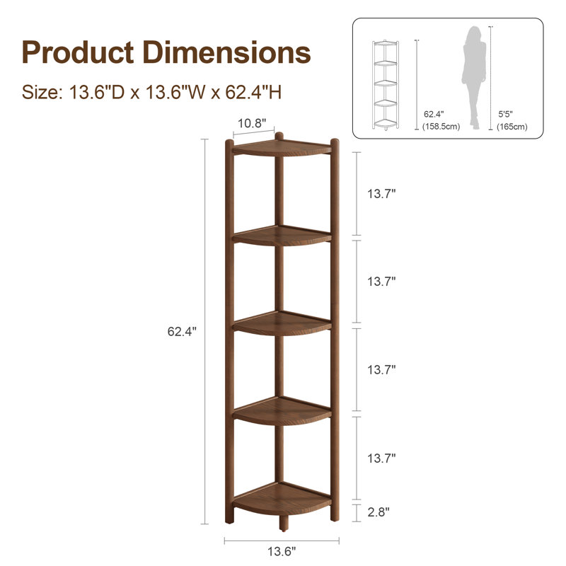 5-Tier Solid Wood Corner Bookcase with Open Display Shelves