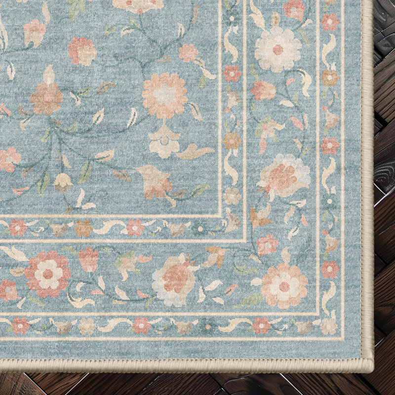 Bungalow Rose Aylena Hereke Floral Blue Area Rug, Rectangle 7'7" x 9'10"