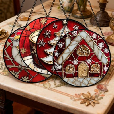 Stained Glass Window Hanging 4 Pcs Set Red Christmas Themed Decorations 6.3" - Suncatcher Door Garden Sun Catcher Decor Birthday New Year For Mom Woman Nana Men