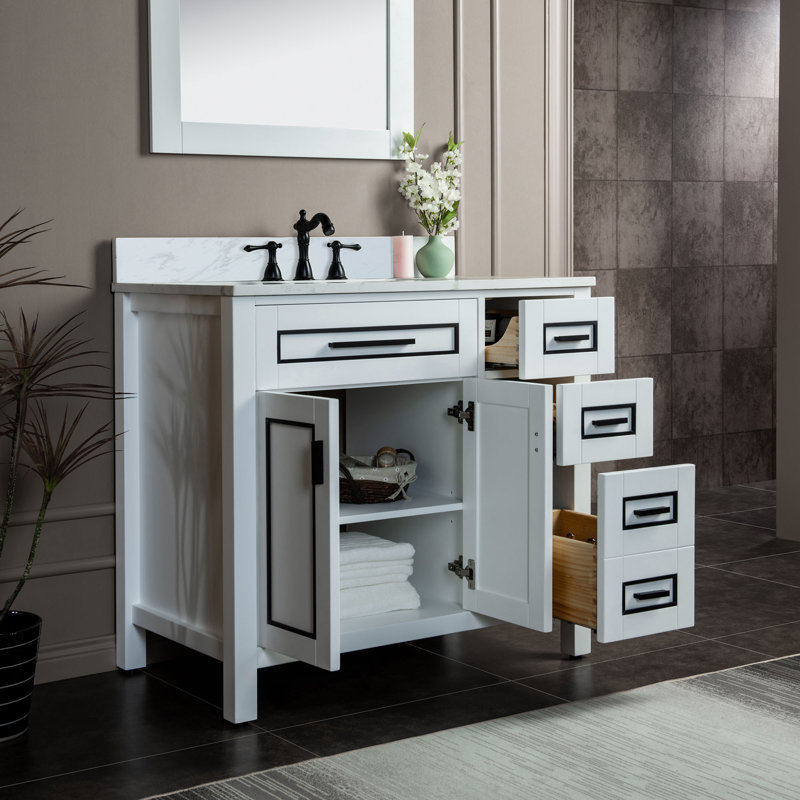 Ensemble de meuble-lavabo 37 po avec armoire en bois massif et comptoir en pierre d'ingénierie, Blanc