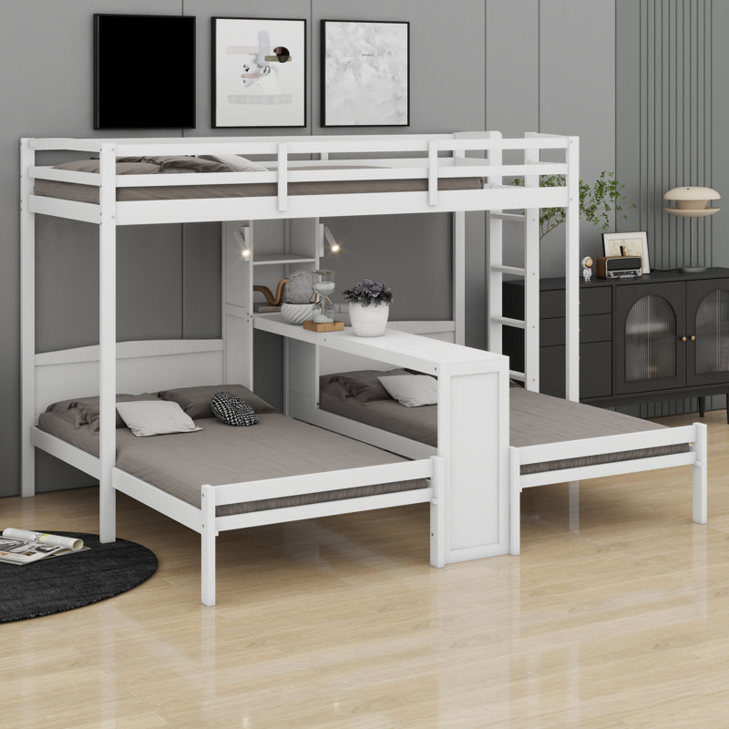 Multi-Functional Wood Bunk Bed with Desk, Storage Shelves, Reading Lamp, White