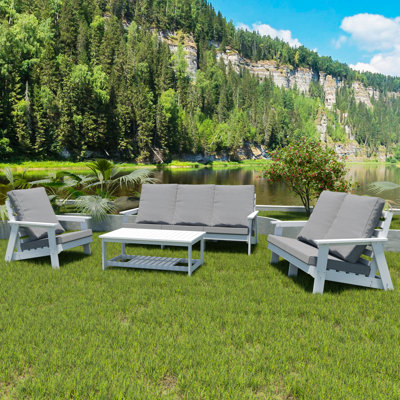 Hips All Patio With Cushion, White/Grey, Heat-Treated Wood Grain White All-Weather Lightweight & Easy To Move