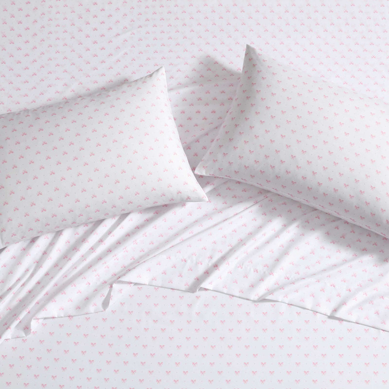 Laura Ashley Kids Cozy Printed Sheet Sets, Queen Sheet Set with 2 Pillowcases, Lovely Bows Pink