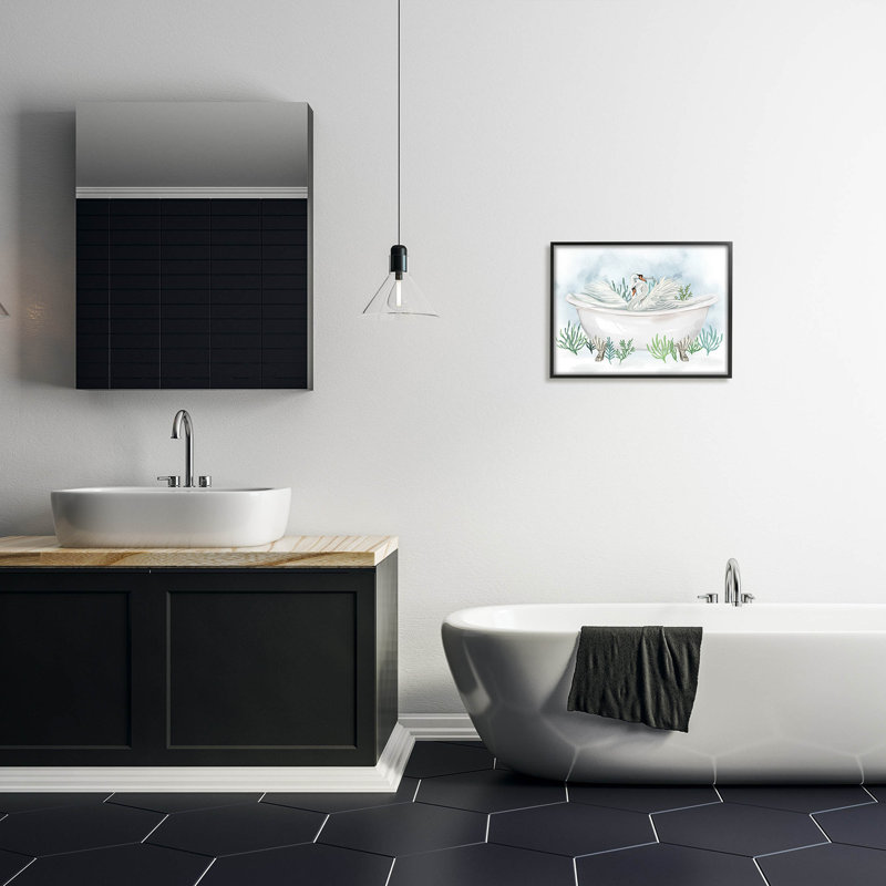 Swan Duo Bathaign Botanicals, art de la giclée encadrée par Ziwei Li, Giclée encadrée noir minuit