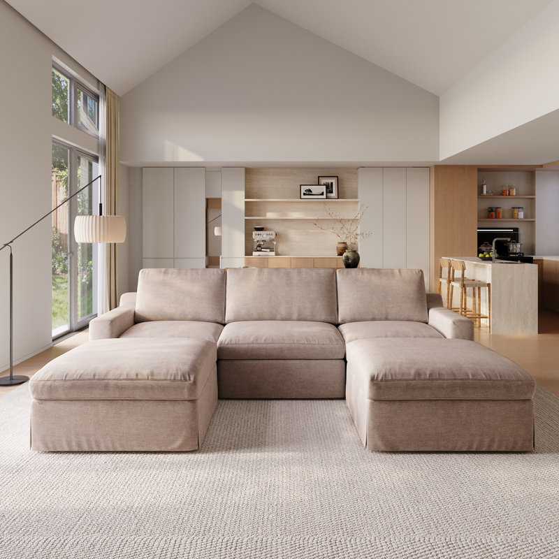5 Piece Upholstered Slipcovered Linen Sectional Sofa With Ottoman, Lin kaki