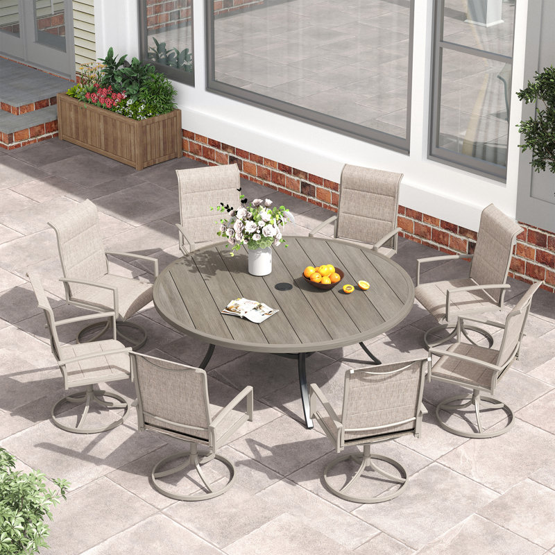  8-Person Patio Dining Set with 60" Round Dining Table and 8 Padded Textilene Swivel Chairs, Brush Wood Gray/Sandshell