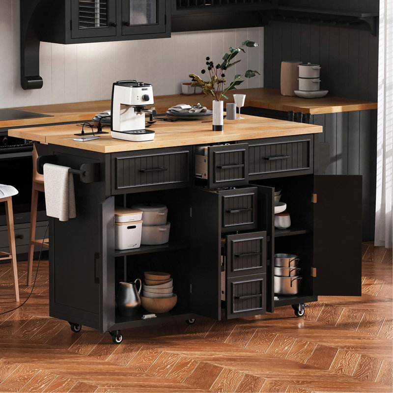 56.5'' Kitchen Island With Drop Leaf, Power Outlet, Embossed Vertical Stripe Rolling Kitchen Cart On Wheels With 4 Doors , 5 Deep Drawers And Adjustable Shelves, For Kitchen, Dining Room