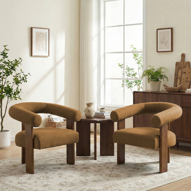 Ensemble de 2 chaises d'appoint en tonneau Mohair, 3 pieds en bois de noyer, Orange