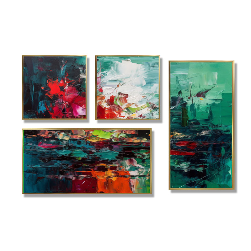 Rouge et vert de l'esprit I - impressions sur toile rouges 4 pièces, Impression encadrée sans passe-partout, Doré