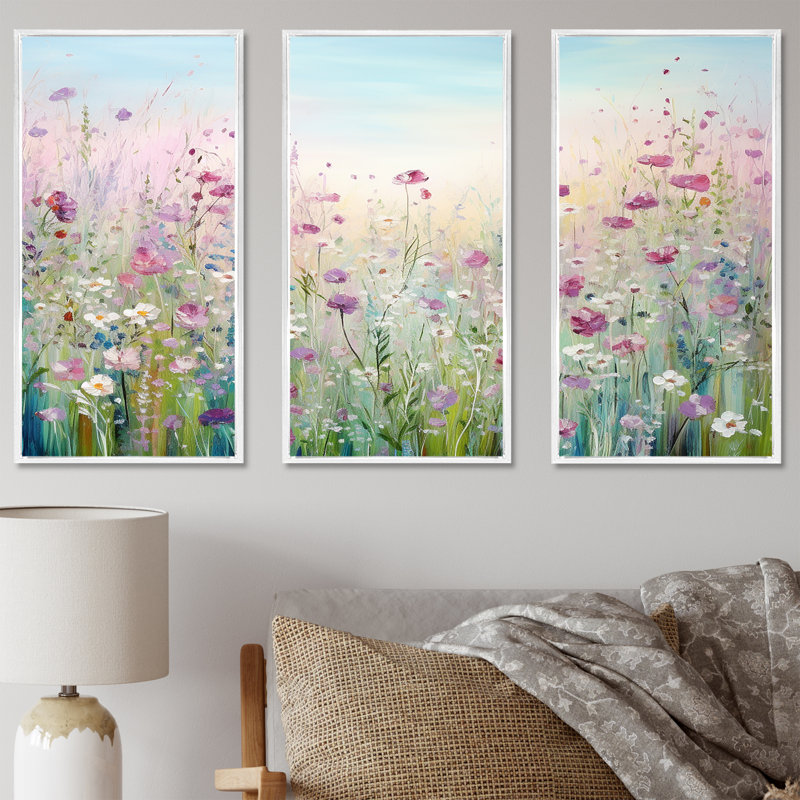 Goncalves - ensemble d'art mural champ de fleurs, H 28 po x l 36 po x P 1 po, Cadre flottant blanc