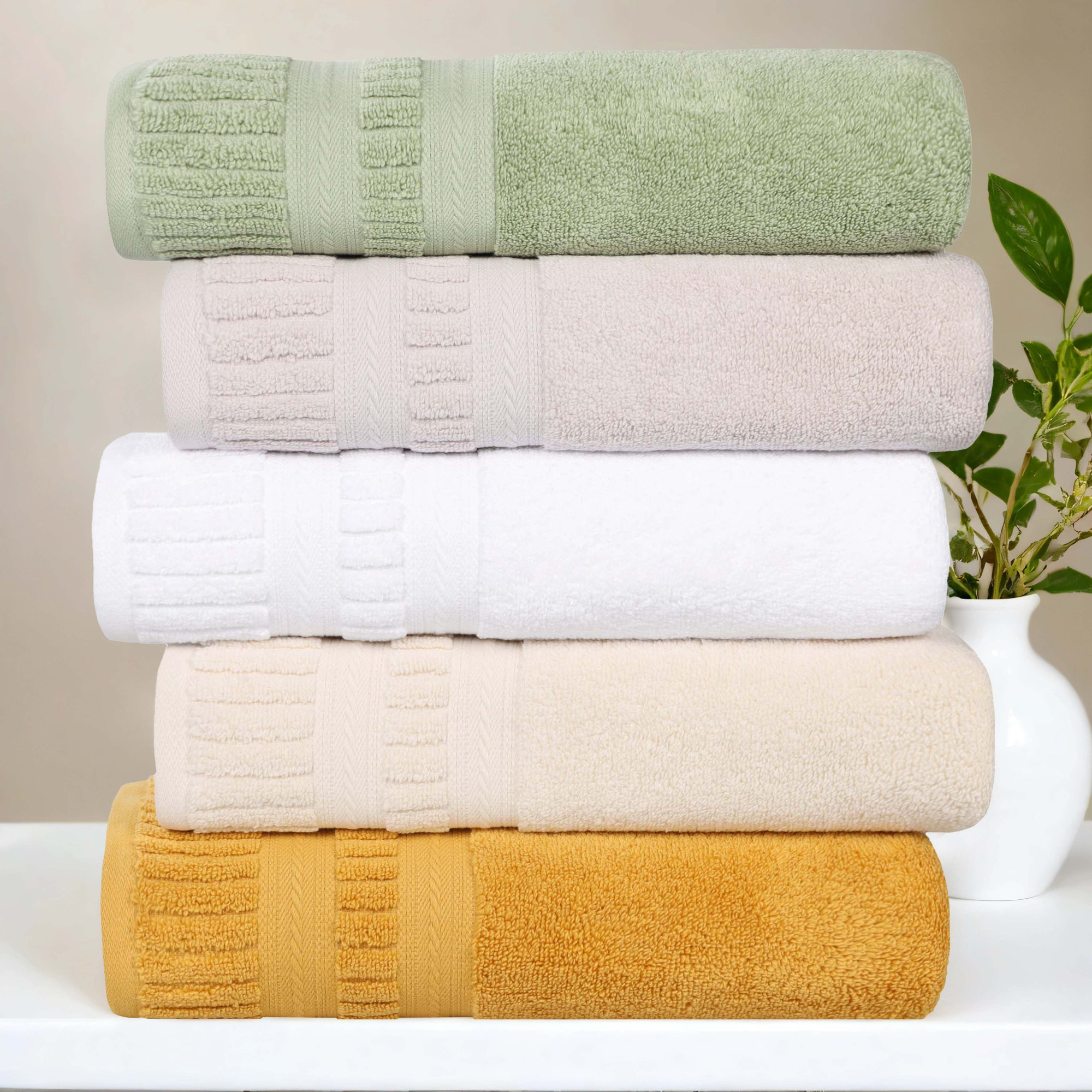 Venice Zero Twist Cotton Medium Weight Soft Absorbent Towel Set, Ivory, Hand Towels - 6 Pack