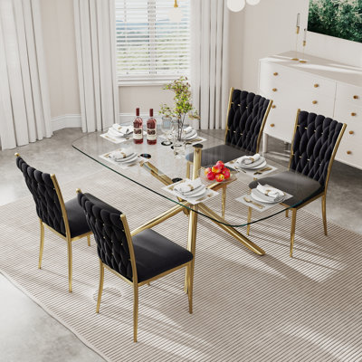 71 Inch Modern Luxury Rectangular Dining Table Set, Tempered Glass Top With Metal Base, Velvet Upholstered Chairs With Gold Metal Legs, 6/7/9 Piece Kitchen & Dining Set For Dining Room, Living Room, Restaurant, Breakfast Nook, Contemporary Glam Furniture
