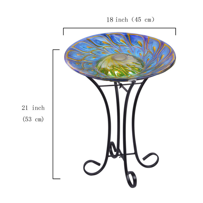  Solar Glass Peacock Feathers Bird Bath with Stand
