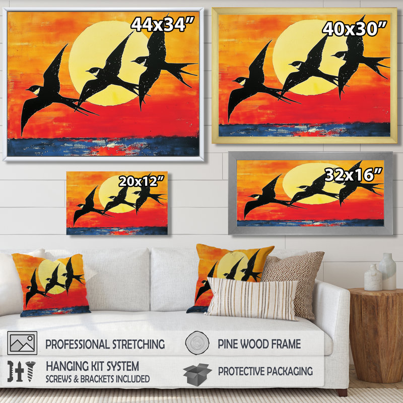 Swallows Birds At Sunset V - art mural oiseau, Toile tendue sur cadre, H 12 po x l 20 po, Ne s’applique pas