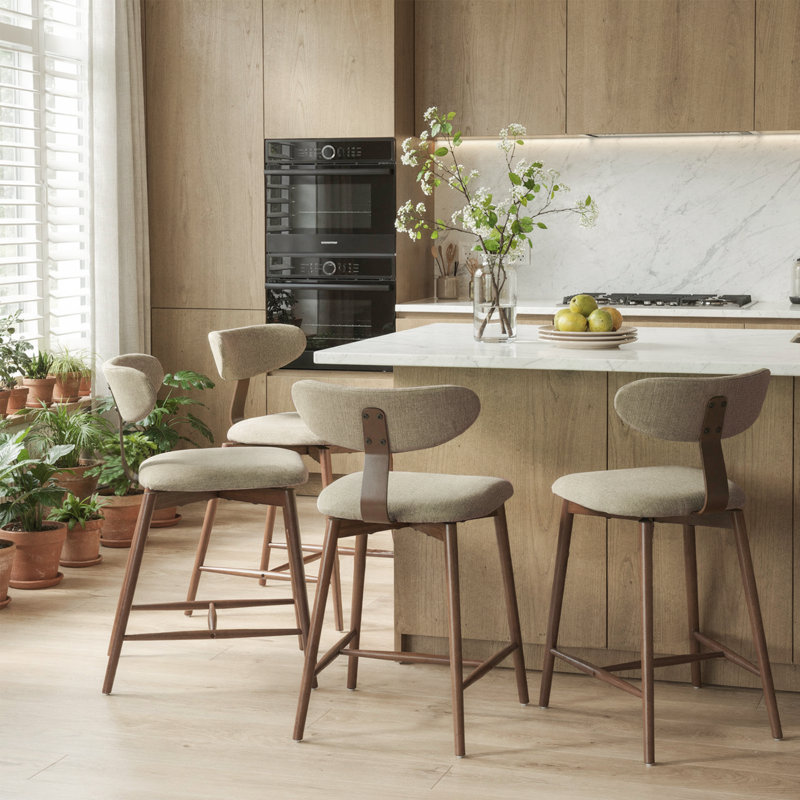 Tabouret de bar pivotant rembourré en mélange de coton avec dossier incurvé, Sable