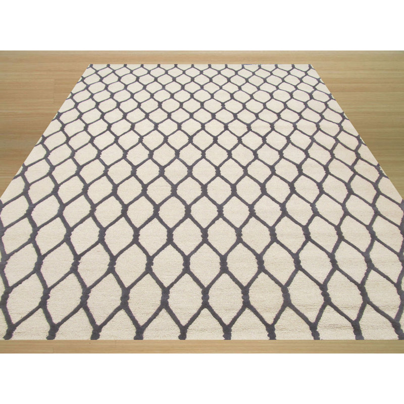 Hand Tufted Wool Geometric Area Rug, Ivory/Tan/White, Rectangle 5' x 8'