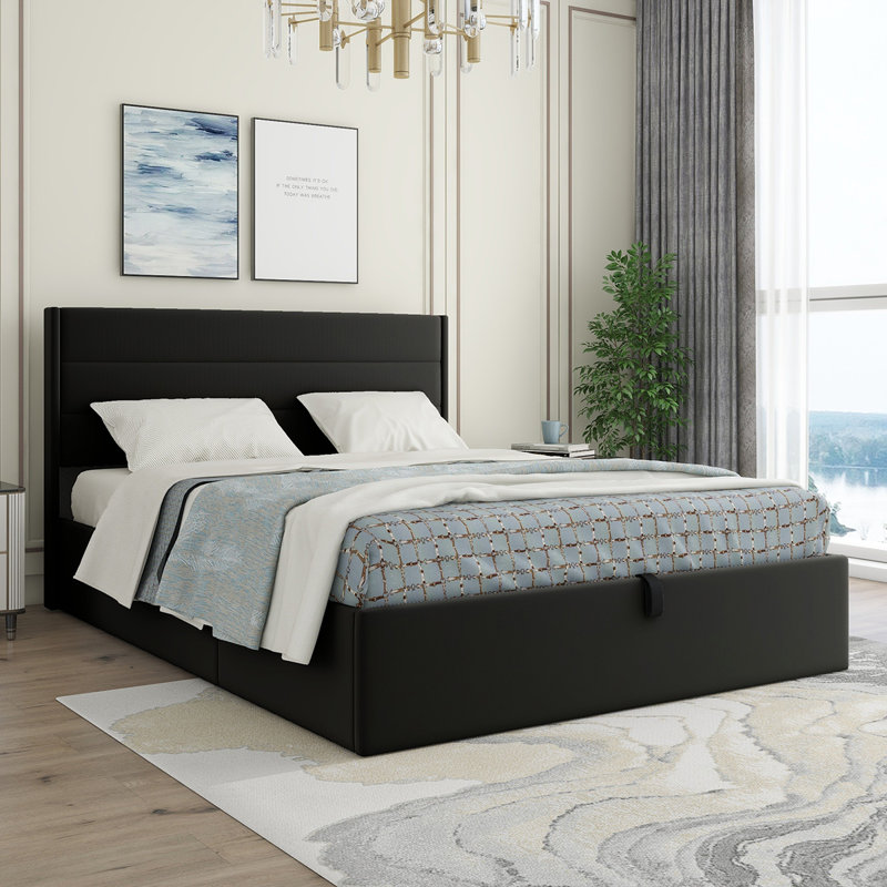 Denicolais Hydraulic Lift Up Upholstered Storage Bed with Wingback Headboard, Queen, Linen Black