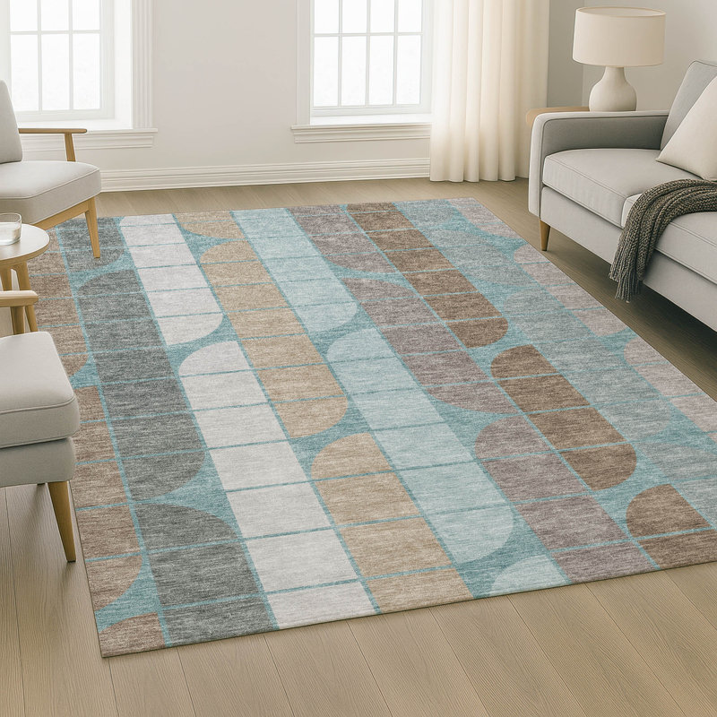 Premium Machine Washable Mayfield AMF2418 Geometric Rug, Teal, 9' x 12'