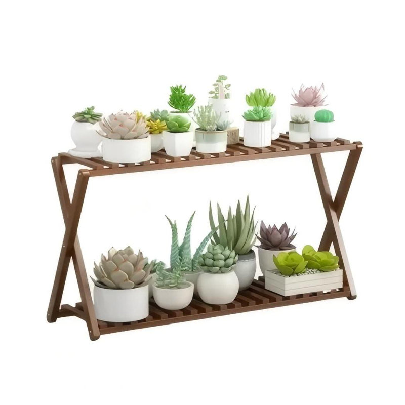Support pour plante d'intérieur / extérieur à 2 niveaux en bambou, Brun