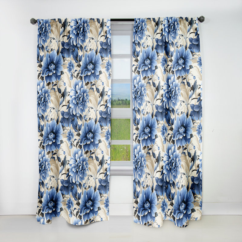 Panneaux de rideaux floraux en filigrane bleu cobalt victorien IV, L 52 po x L 90 po