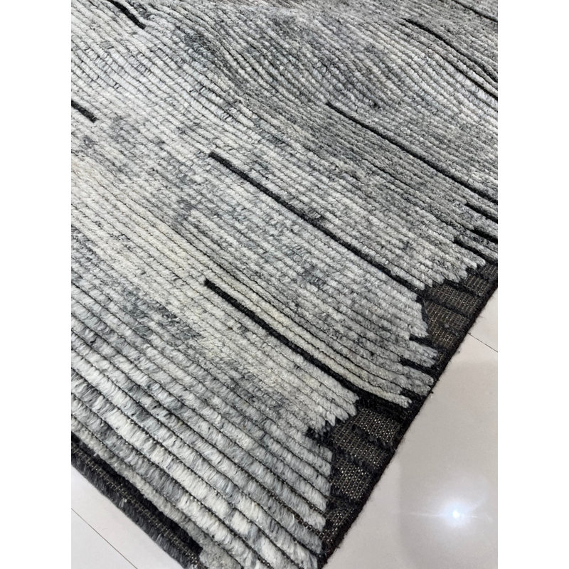 Gray Hand-Knotted Wool Striated Horizon Geometric Modern Contemporary Carpet Rug, 10' x 14'