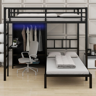 Lit superposé en métal avec bureau pliant, garde-robe à DEL