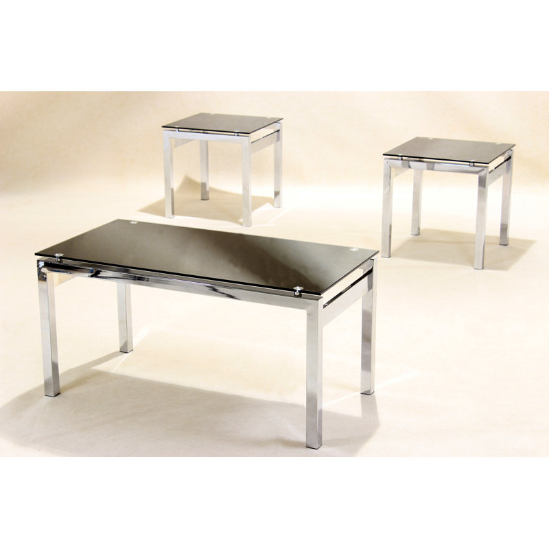 Kinman 3 - Piece Glass Top Living Room Table Set, Black
