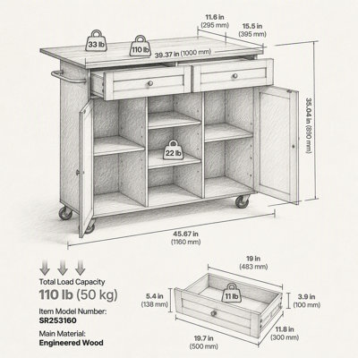 Îlot de cuisine mobile de 45,67 po avec armoire de rangement, 2 tiroirs, abattant et porte-serviettes sur roues pivotantes verrouillables