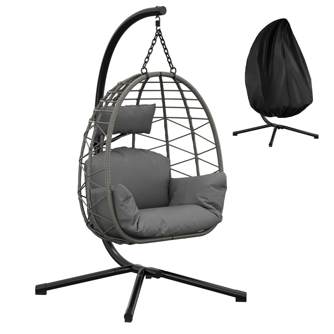 Collapsible Hanging Egg Chair with Stand â Grey Rattan, Waterproof Cushion & Headrest, Adjustable Height, Sturdy Metal Frame, 130kg Capacity, Indoor
