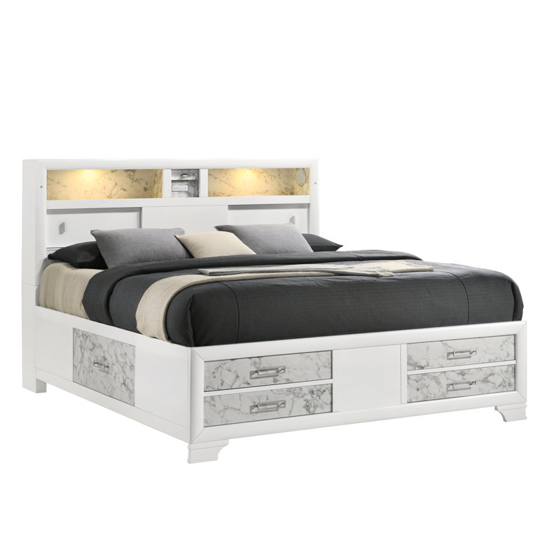 Modern Style White Wood Queen Bed With Shelves, Marble- Paneling, Headboard Lighting And -C Charging For Bedroom Storage, Headboard, Built-In Features