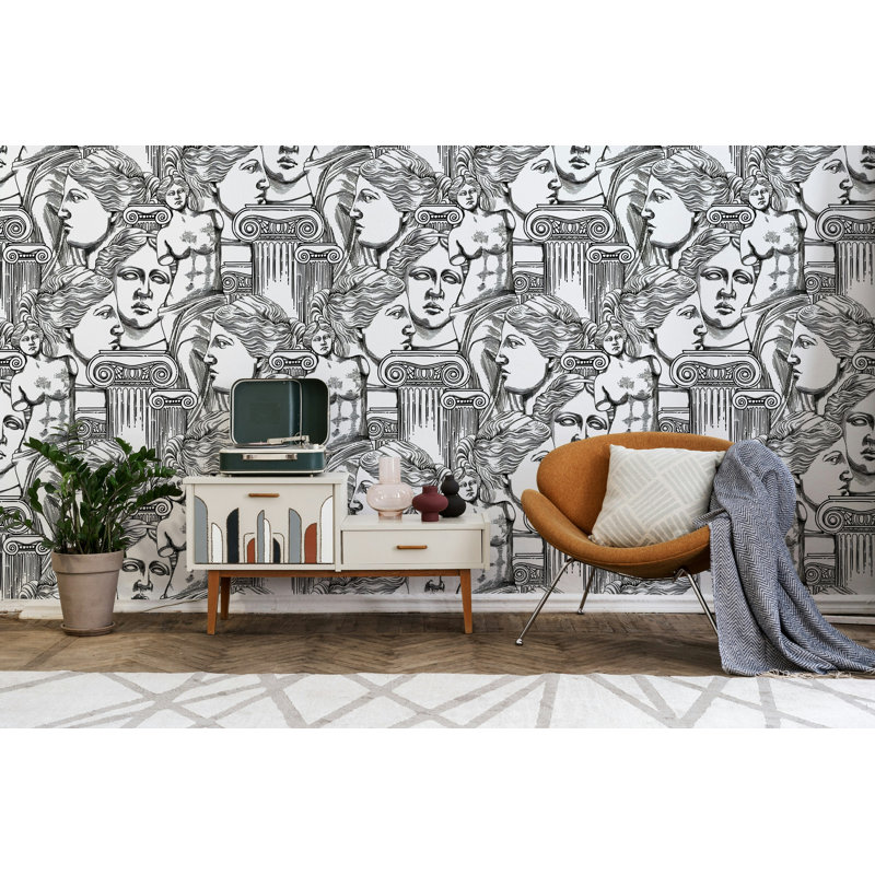 Black and White Classical Statue Sketch Wallpaper, 75"L x 112"W