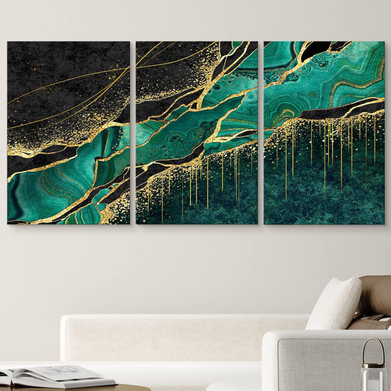Or bleu sarcelle granit foncé, paysage, formes abstraites, illustrations, art moderne, décoration, Toile tendue