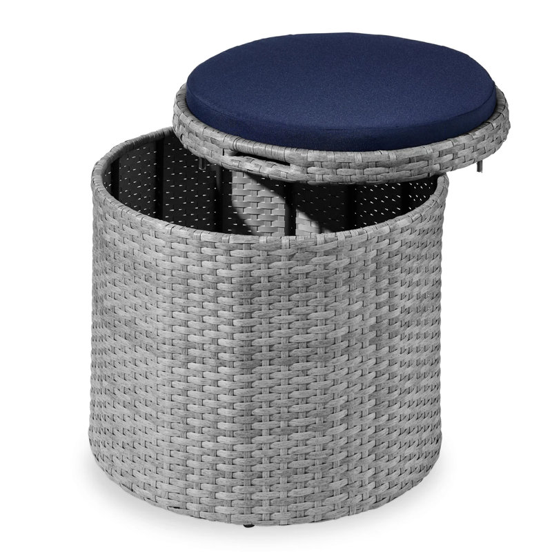 Round Wicker Ottoman, Gray, Navy