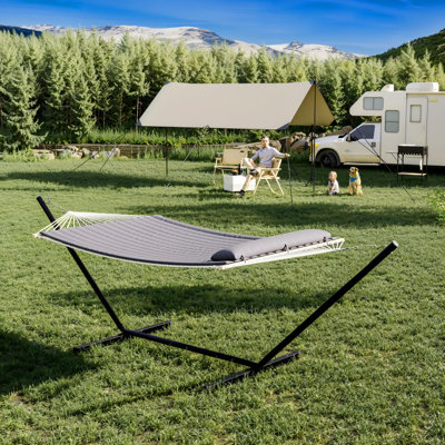 Double Hammock with Steel Stand | 215kg Capacity for 2, Breathable Quilted Cotton Padding & Reversible Design with Wooden Accents for Garden & Patio