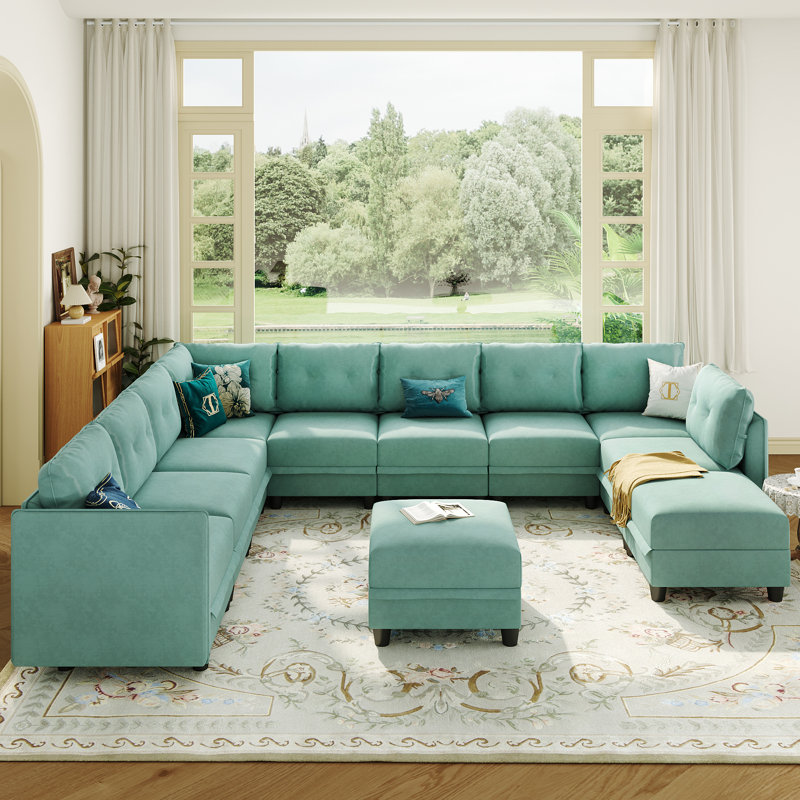 Mizuho Upholstered L-Shaped Sectional, Teal Green Faux Leather