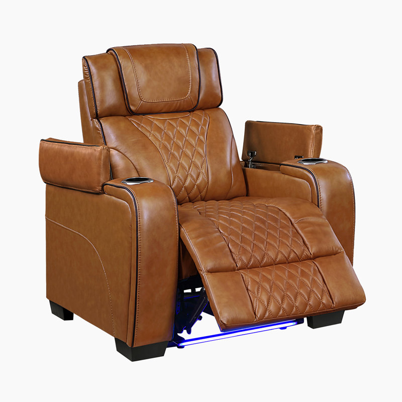 Keller 37" Modern & Contemporary Top Grain Leather Match Power Reclining Chair with Heat & Air Massage, Power Adjustable Headrest & LED Lighting & Storage Arms