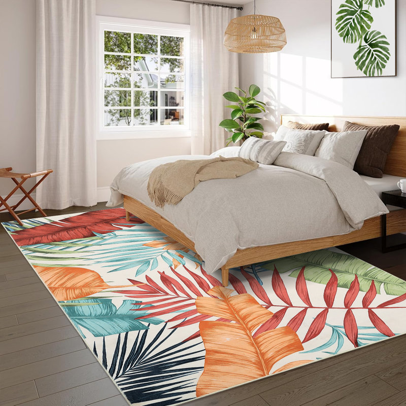 Tapis de 9 pi x 12 pi en velours de polyester perlé rectangulaire arc-en-ciel à motif de feuilles lavable moderne pliable pour couloir