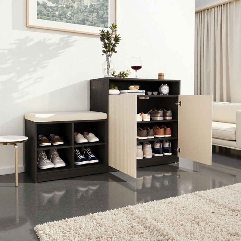 Entryway Shoe Cabinet & Bench - 3-in-1 Storage with Wavy Slatted Doors, Adjustable Shelves & Removable Cushion (55" Long)