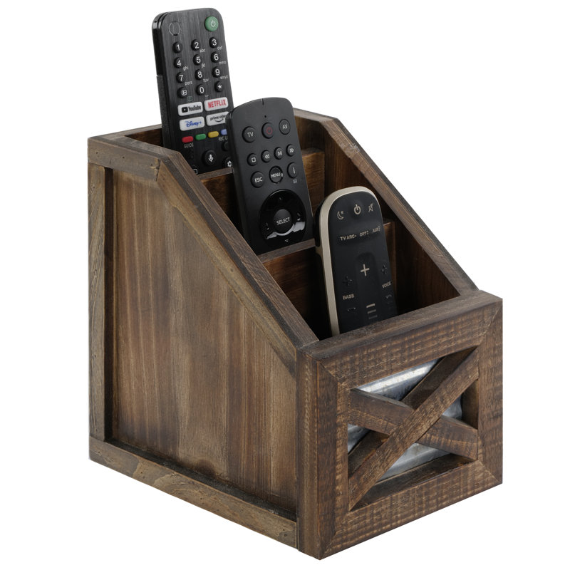 Rustic Brown Wood and Galvanized Metal Remote Control Holder