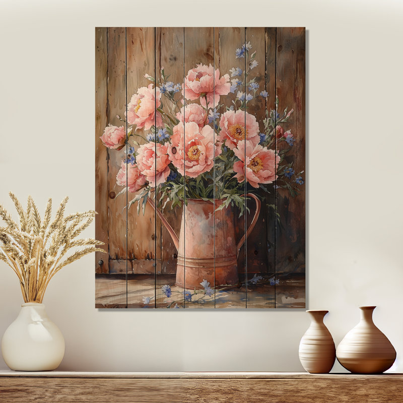 Bouquet de pivoines Country Bloom I - décoration murale en bois de pivoines - sur bois de pin naturel
