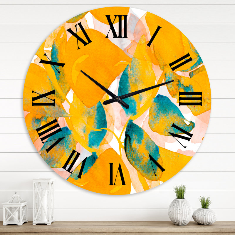 Watercolor Leaves in Orange and Blue - Modern wall clock, Medium