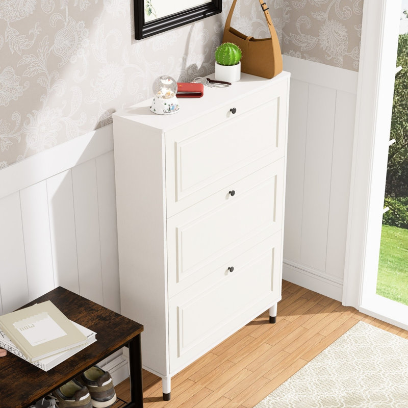 Organisateur de chaussures d'entrée élégant, conception mince, 3 tiroirs rabattables, rangement vertical, plus de chaussures, couleur blanc antique, aspirateur robotique - étagère autoportante étroite, vestibule, armoire, compartiments