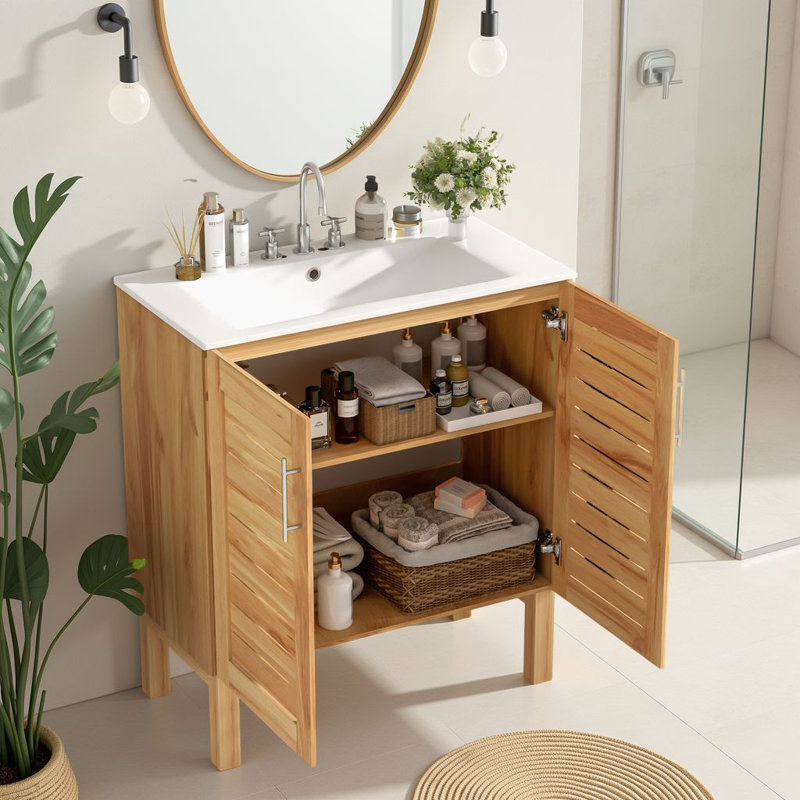 Meuble-lavabo autoportant de 30 po avec lavabo en céramique, portes à persiennes ventilées