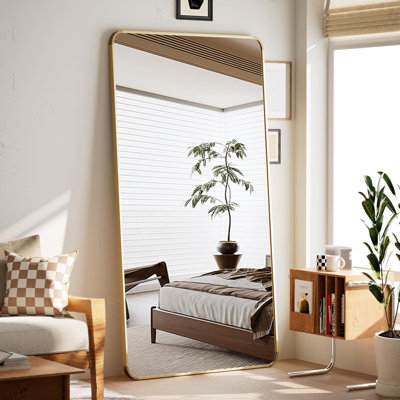 Miroir pleine grandeur avec cadre en alliage d'aluminium, autoportant ou mural, verre incassable, coins arrondis pour la sécurité, idéal pour la chambre à coucher, le vestiaire ou le salon