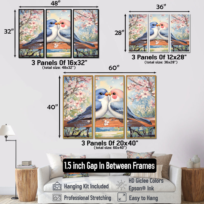 Ensemble de décorations murales Love Birds Springtime Blooms II - Bird, H 40 po x l 60 po, Reproduction avec cadre flottant