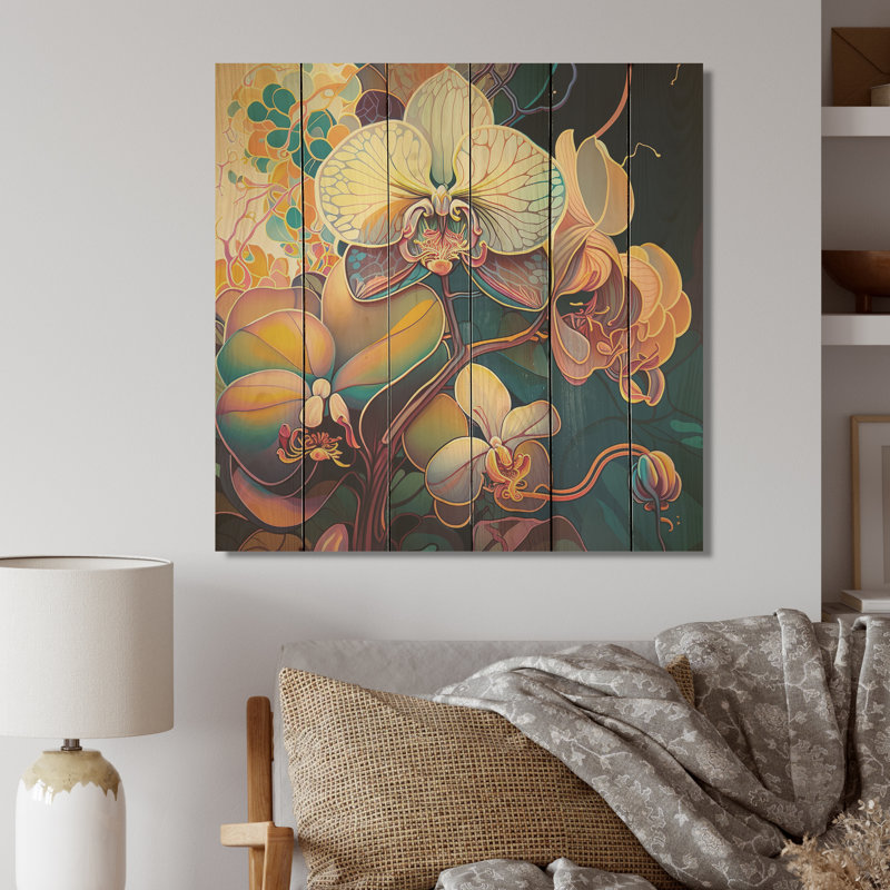 Orchidée en fleurs dans des couleurs vives rétro - reproduction non encadrée sur bois, H 16 po x l 16 po x P 1 po
