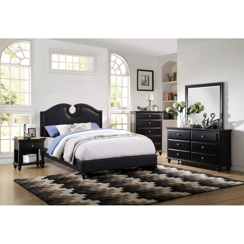 Black Faux Leather Unique Design Headboard 1Pc California King Size Bed Bedroom Furniture Nailhead Upholstered Modern Bedframe